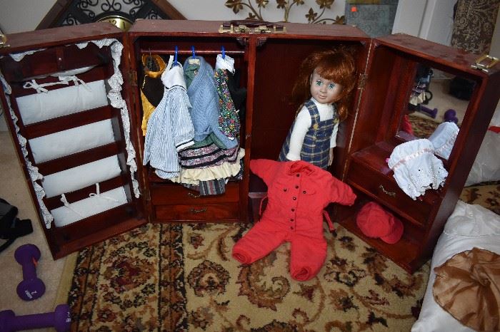 Battat Doll with Large Wooden Tri-Fold Chest 1998 Featuring Doll, Wardrobe, Fold Down Murphy's Bed, and other items in Drawers