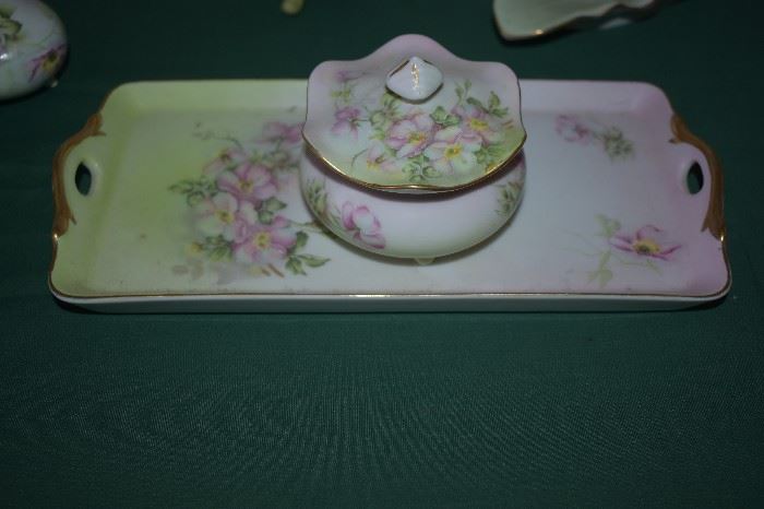 Hand Painted Nippon most in Bisque Finish pictured here: Nippon  Dresser Tray and Lidded Dresser Box