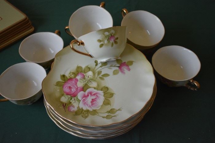 Hand Painted Nippon most in Bisque Finish pictured here: Nippon Serving Set with 6 Shell Shaped Serving Plates and 6 Matching Cups