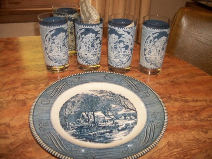 Currier & Ives plate and glasses