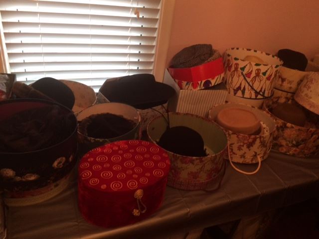 Ladies hat and cap collection and hat boxes