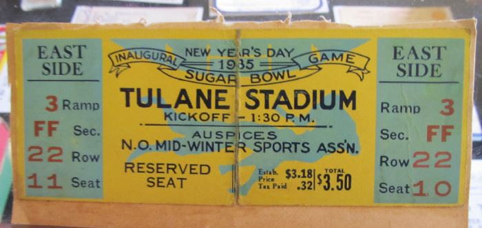 pair of 1935 Sugar Bowl ticket stubs Tulane won first Sugar Bowl 14 to 10