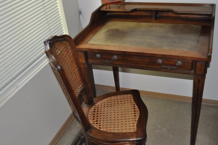 Diminutive antique chair with double-caned back, caned seat; Brandt ladies writing desk