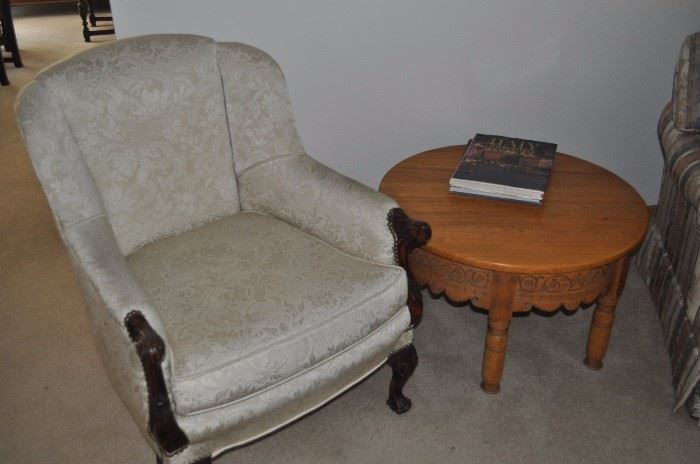 Antique upholstered chair in great condition, very unusual round oak table with six legs