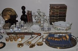 Antique brassware, Noritake Morimura gold porcelain miniature baskets, Dresden candlesticks, Dresden cigarette holder, Dresden bowl