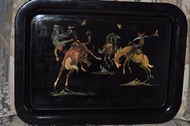 Beautiful hand-painted tray with cowboys and bucking broncos