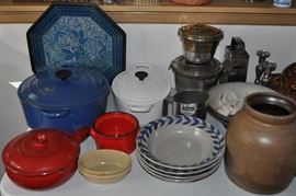 Le Creuset white oval Dutch oven, Le Creuset new Dutch oven, Vulcain covered pot France, Mason England oval casserole dishes, tin pudding molds, studio pottery, stoneware crock, Olinala (?) vintage Mexican lacquered wood tray