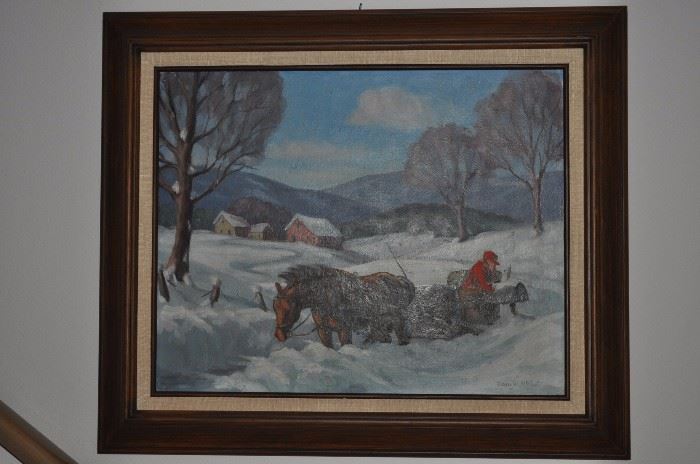 Framed oil painting of winter on the farm