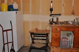 Upright freezer, Workmate, desk, tools