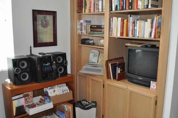 Books, Sony stereo, bookcase, Sony television