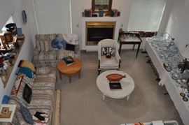 Drexel sofa and love seat, oak round table with 6 legs, vintage and antique books, gold framed ornate beveled mirror, antique chair upholstered with white brocade linen, vintage round marble-topped table, Brandt ladies' desk, Meissen Blue Onion porcelain collection