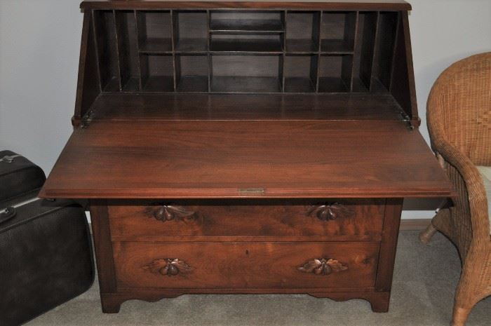 Mid-1800s American walnut slant-front bureau desk