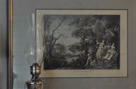 Framed art, silver plate oil lamp with crystal hurricane (one of two)