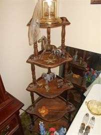 5 Tier antique corner shelf , brass and bronze horses