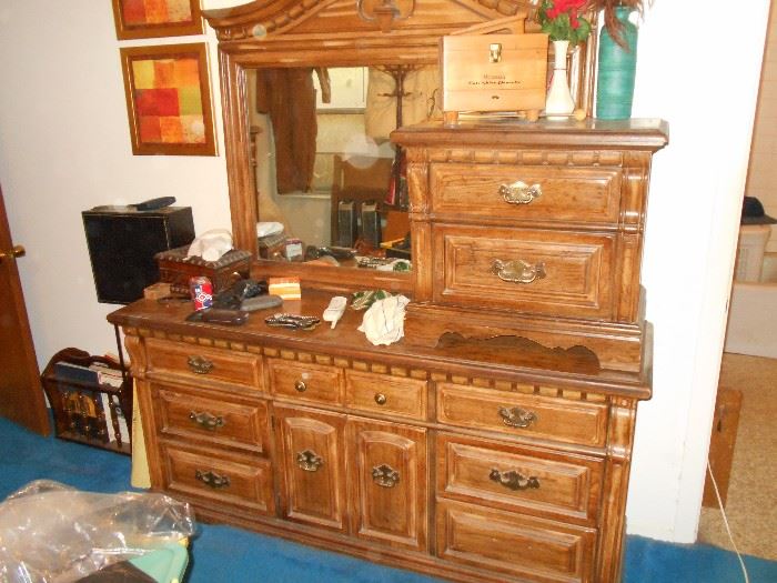wood dresser also have 2 night stands , chest , and bed.