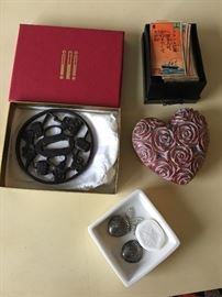Intricate Japanese Tsuba (1900's), Carved Heart paperweight, etc.