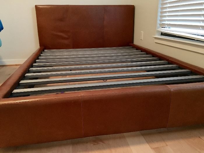 "Room and Board" Full size upholstered bed in chocolate brown leather.