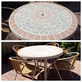 Mosaic top Plastic Round Table w/ 4 Metal/Plastic Woven Arm Chairs