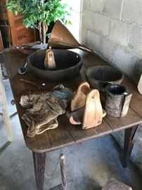 Incredible carved wooden bowls/vessels and farm table possibly Tennessee , HUGE vintage copper funnel