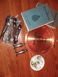 Canadian Mountie handbooks, copper plate and teacup/saucer, midmod flatware