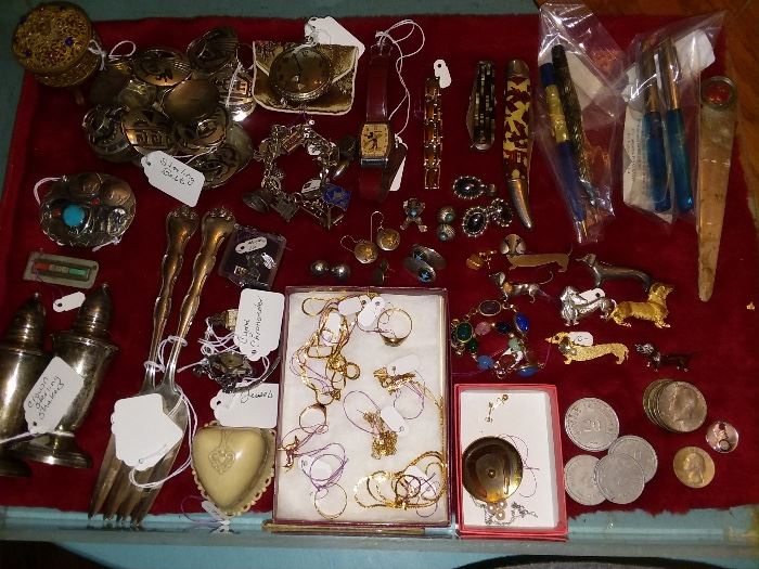 Some of the jewelry, pocket knives, vintage pens, Hudson Bay Tokens, Sterling