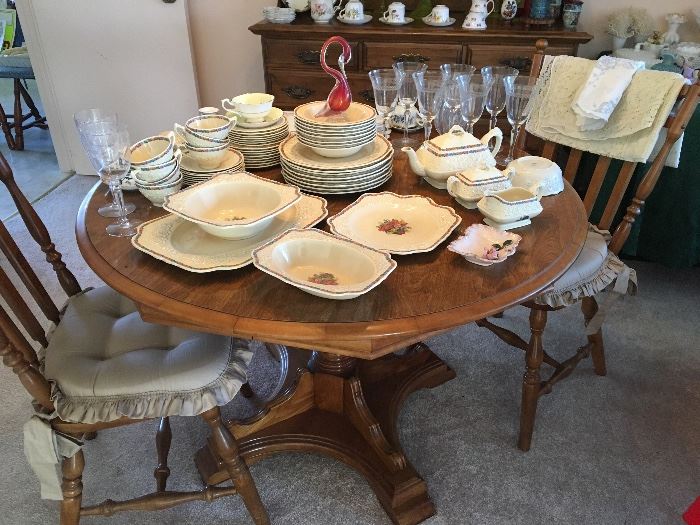 DINING TABLE, 4 CHAIRS (one w/arms). VINTAGE CHINA SET "CROWN DUCOL" England … CUT CRYSTAL GOBLETS ….