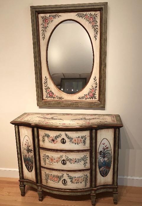 Fun hand painted console cabinet with matching mirror