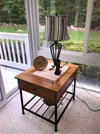 Hammary Wood and Iron Side Table with accent lamps and decor
