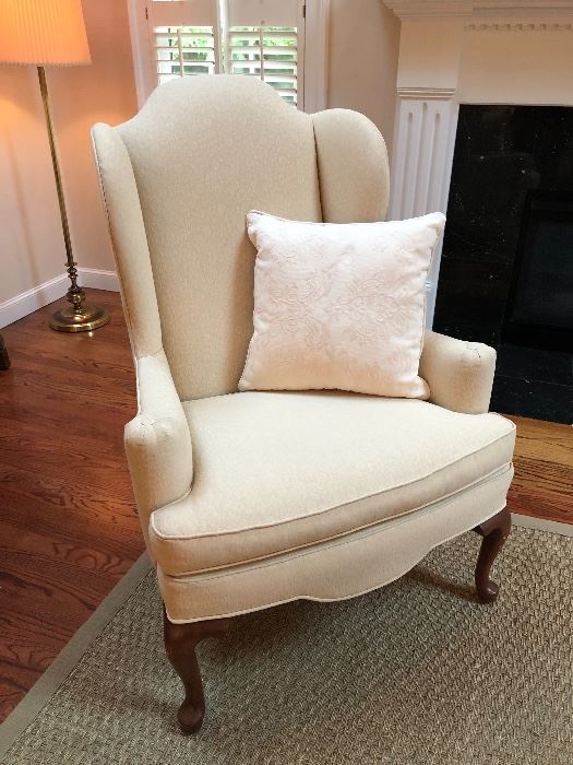 Elegant Upholstered Arm Chair with Cabriole Legs - Natural Fiber Rug Underneath