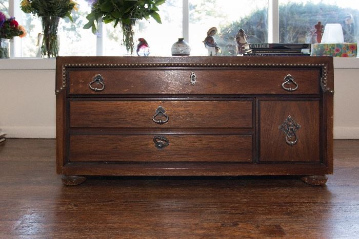 Leather and Brass Tack upholstered vintage chest