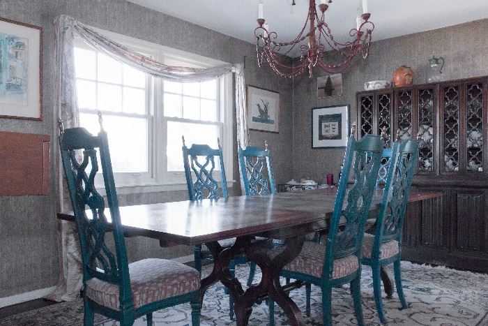 Vintage Wood Dining Table with Turquoise Dining Chairs. (1 chair does have damage to the back design)