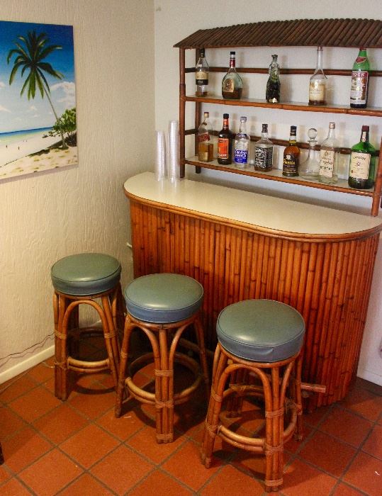 Mid-Century Bamboo Tiki Bar with 3 matching stools 