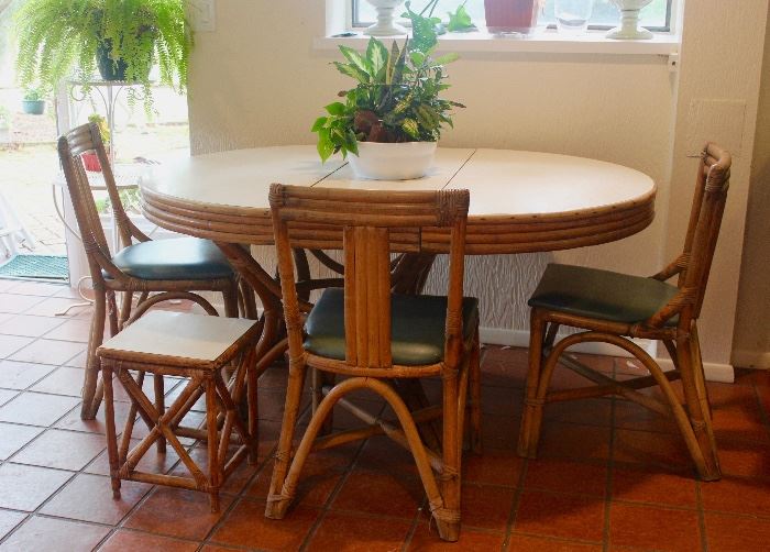 Mid-Century Bamboo Table with three chairs, 1 of two coordinating side tables featured.