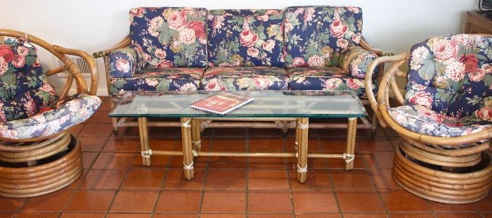 Mid-Century Bamboo Sofa, Swivel Chairs and Coffee Table. (Pieces will be sold individually)