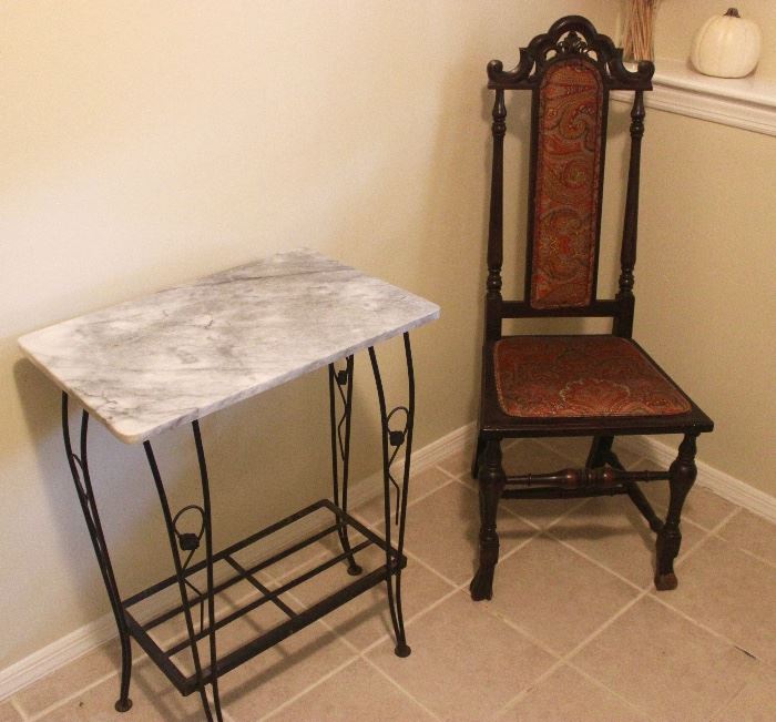 Marble and Metal Side table, Wood Chair 