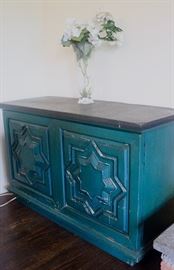 Vintage Turquoise Blue Cabinet with Carved Star Detail. 