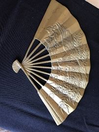 Vintage solid brass hand fan with embossed dragon
