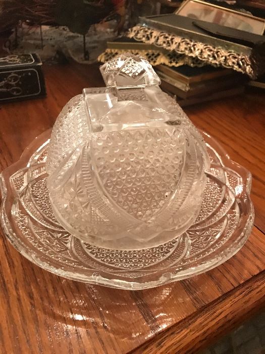 very old pressed glass fancy butter dish
