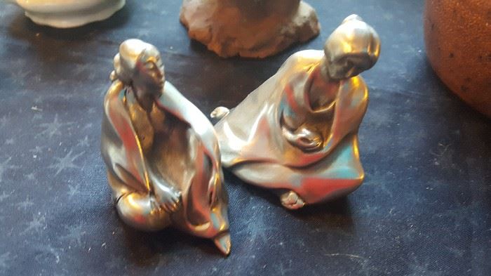 Pewter Madonna with child and another pewter figure
