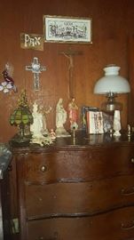 Antique dresser, religious ephemera