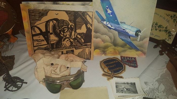 Aviator goggles, skull cap, 
Wood Block Print, original water colors of Planes
