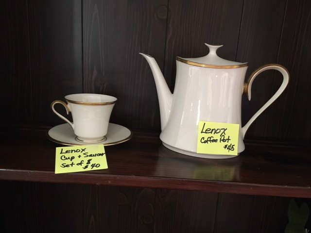 Lenox 'Eternal' Pattern Coffee Pot and 8 cup and saucer sets.  $ 100