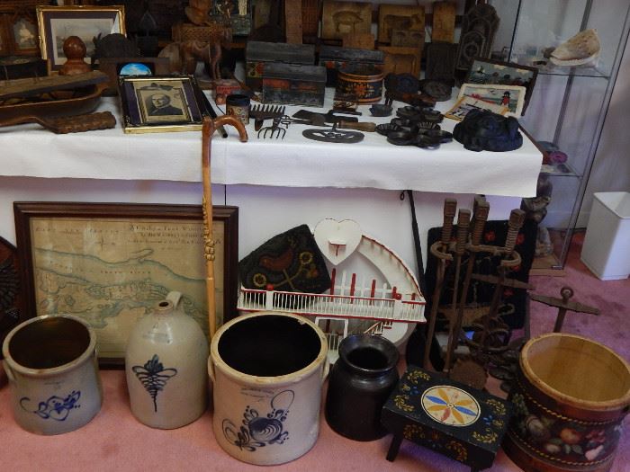 A Pa Dutch cricket stool,early nautical andirons and fireplace set and a Quebec trinket stand,etc.