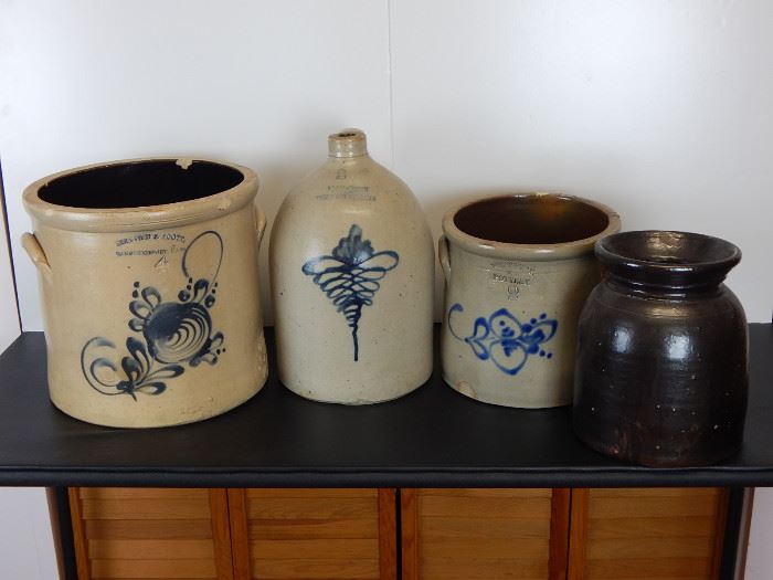 A selection of 19th century stoneware stamped in order "Bullard&Scott,Cambridgeport,Mass, Adam Green, New Brunswick,NJ and West Troy NY Pottery