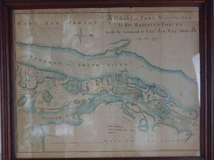 Map of "The Attacks on Fort Washington by His Majesty's Forces"- A print as included in Valentine's Manual of 1861 of the attack of Manhattan by British troops in the Revolutionary War with hand colored positioning of troops. This piece was sold by legendary New England dealer Randy Gardner, as stated on back