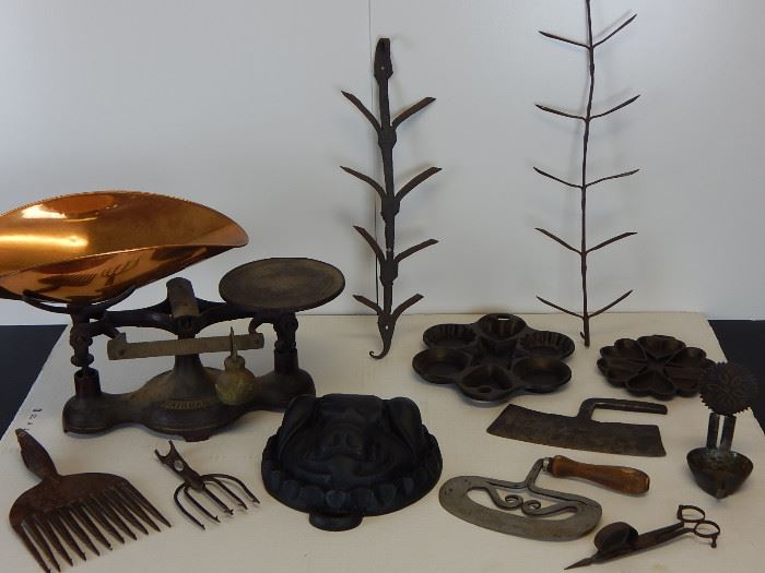More iron-Fairbanks scale,food choppers, fish/eel spears, iron molds, early betty lamp, drying racks