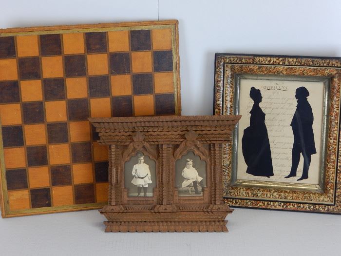 Wooden game board,Victorian "Gothic" Tramp Art frame, early marbleized frame with period silhouettes