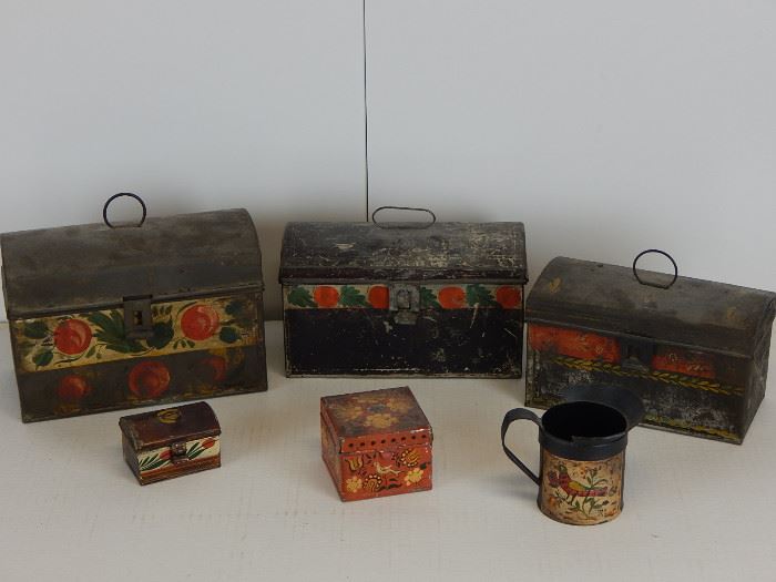 A variety of painted tin "Toleware" boxes including a miniature box measuring 2 3/4" X 1 7/8" , A Pa style painted box and a painted measuring cup with bird and tulip motif
