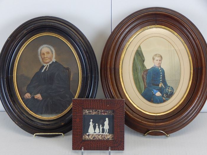 Early 19th century  painting of woman holding glasses, contemporary silhouette piece and a fine portrait of a young Civil War soldier from NY
