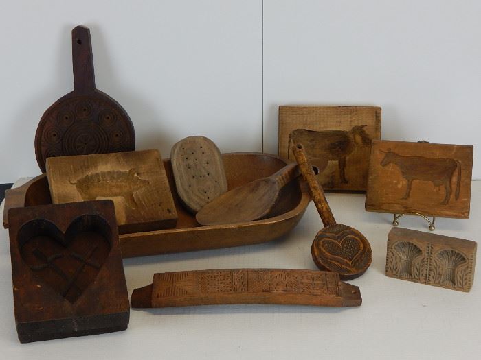 A selection of wooden prints and a fine,early wooden dough trencher-one problem with this photo is the Maple mold and lollipop print are no longer available